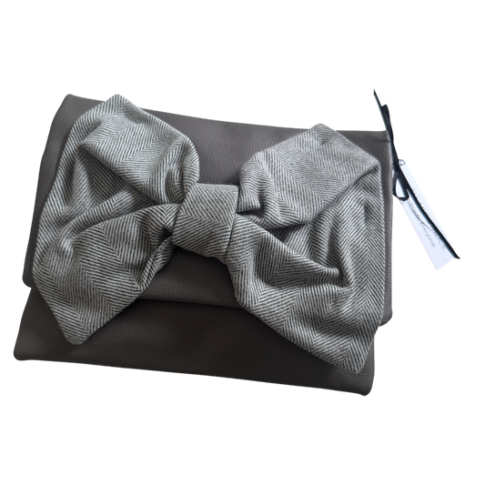 Minnie Leather Clutch Bag | Grey & Herringbone